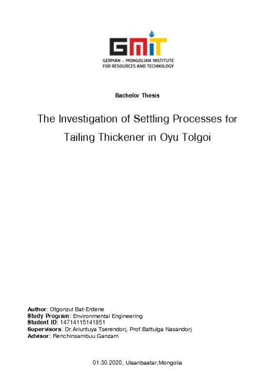 «The Investigation of Settling Processes for Tailing Thickener in Oyu Tolgoi» номын хавтас