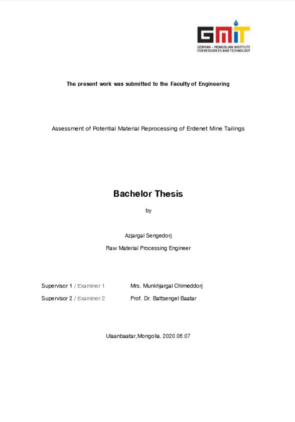 «Assessment of Potential Material Reprocessing of Erdenet Mine Tailings» номын хавтас